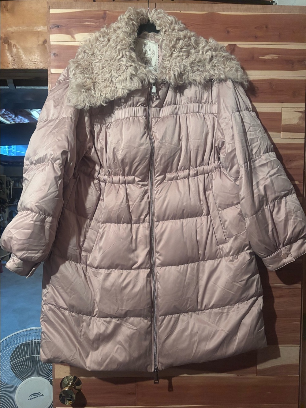Women's Light Pink Puffer Coat with Faux Fur Collar